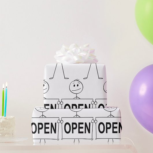 ユーモアたっぷりのスティックフィギュアがオープンサインを持ったイラスト ラッピングペーパー