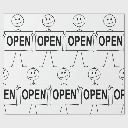 ユーモアたっぷりのスティックフィギュアがオープンサインを持ったイラスト ラッピングペーパー (フラット)