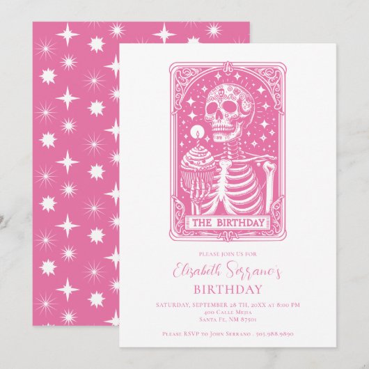 ユーモアたっぷりのタロットピンク誕生日 招待状 (正面/裏面)