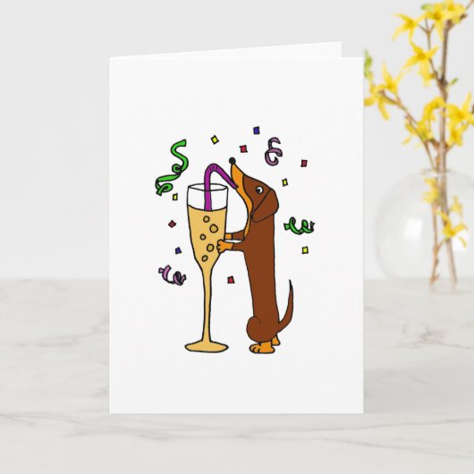 ユーモアたっぷりのダックスフンドの犬のパーティーのイラスト カード (黄色い花)