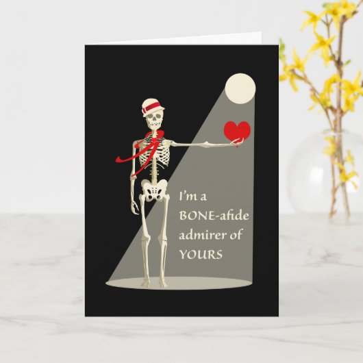 ユーモアたっぷりのバレンタインデーのスケルトン、骨の底からのファン カード (黄色い花)