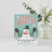 ユーモアたっぷりのピックルボール スノーマン メリークリスマス ポストカード (スタンド正面)