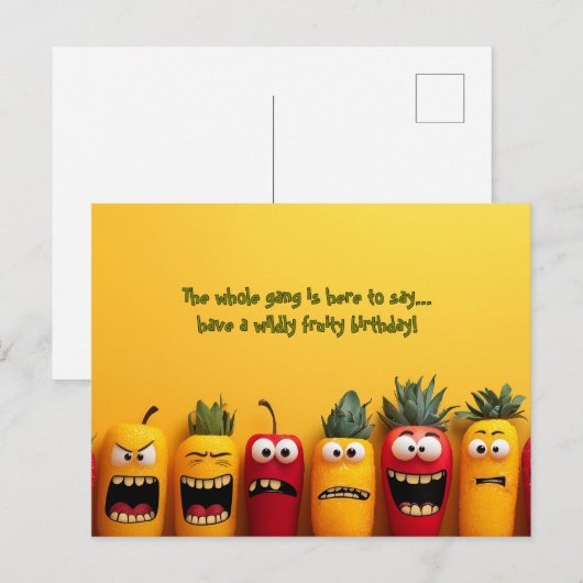 ユーモアたっぷりのフルーツフェイス誕生日 ポストカード (正面/裏面)