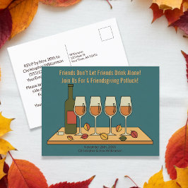 ユーモアたっぷりのフレンドギビング・ポットラック招待状 ワイン付き シーズンポストカード