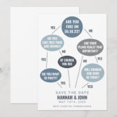 ユーモアたっぷりのフローチャート ブルー ウェディング セーブ・ザ・デート (正面/裏面)