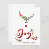 ユーモアたっぷりのホリーデザイン。かわいいトナカイとホリーのイラスト シーズンポストカード (正面/裏面)