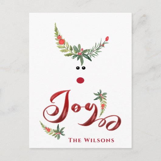 ユーモアたっぷりのホリーデザイン。かわいいトナカイとホリーのイラスト シーズンポストカード (正面)