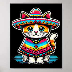 ユーモアたっぷりのメキシコ猫 シンコ・デ・マヨ猫 ソンブレロ ポンチョ ポスター