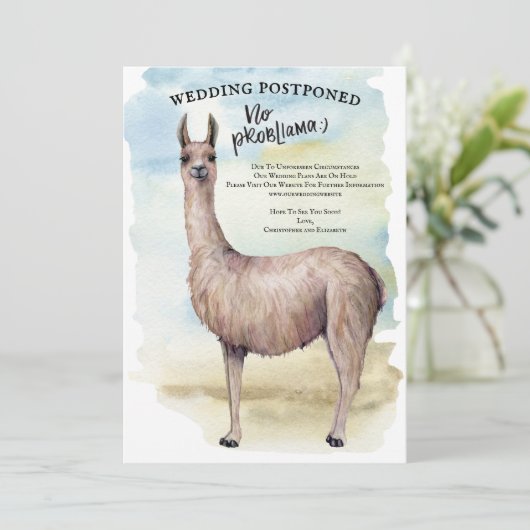 ユーモアたっぷりのラマ水彩画ウェディング延期カード 招待状 (スタンド正面)