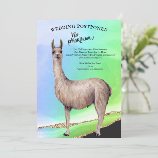 ユーモアたっぷりのラマ グリッター ウォーターカラー 結婚式延期のお知らせ 招待状 (スタンド正面)