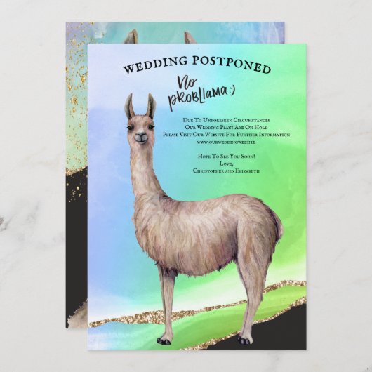 ユーモアたっぷりのラマ グリッター ウォーターカラー 結婚式延期のお知らせ 招待状 (正面/裏面)