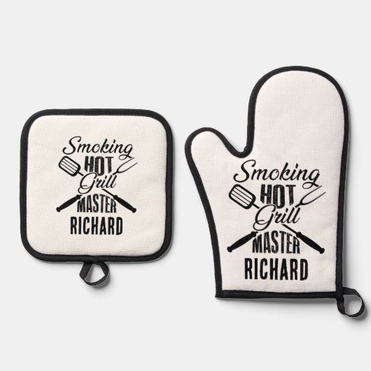 ユーモアたっぷりの個性的なグリルマスター  鍋つかみ&鍋敷きセット (正面)