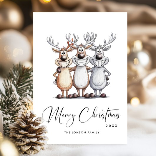 ユーモアたっぷりの手描きクリスマスツリーの鹿 シーズンカード