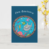 ユーモアたっぷりの海の生き物の水中の漫画のような絵 カード (黄色い花)