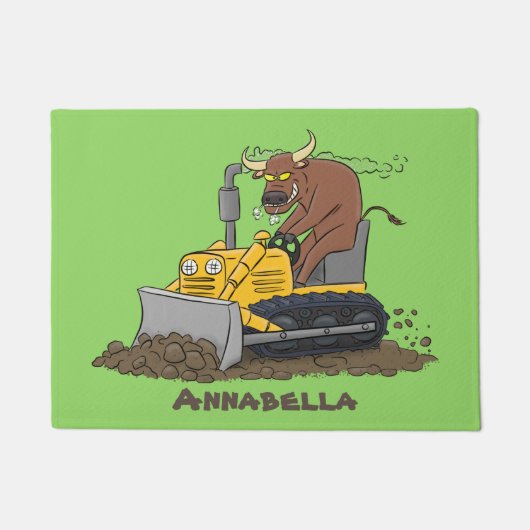ユーモアたっぷりの牛がブルドーザーを運転する漫画 ドアマット (正面)