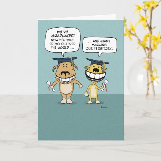 ユーモアたっぷりの犬が卒業おめでとう カード (黄色い花)