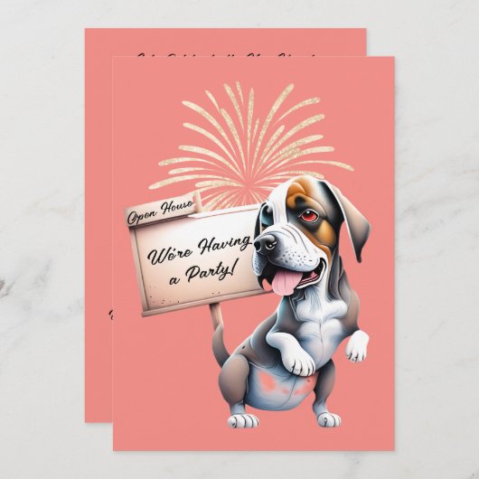 ユーモアたっぷりの犬の新年オープンハウスパーティー招待状 招待状 (正面/裏面)