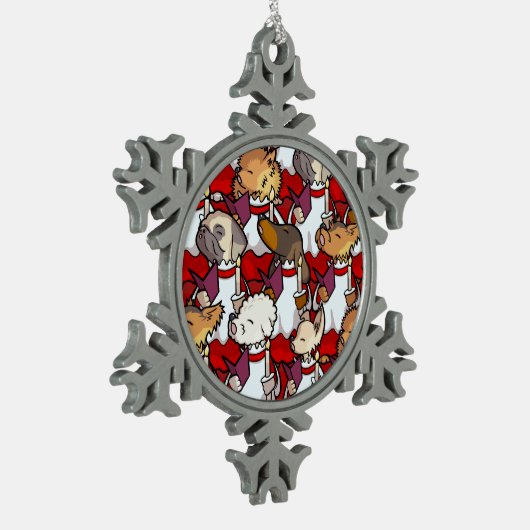 ユーモアたっぷりの犬合唱団のクリスマスソングを歌うアニメーション スノーフレークピューターオーナメント (左)