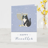 ユーモアたっぷりの猫のメノーラーとドレイデル ハヌカ 祝い 青 カード (黄色い花)