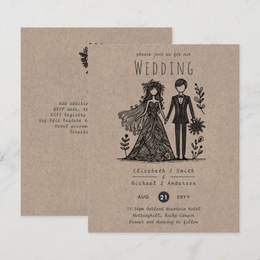 ユーモアたっぷりの結婚式の漫画　手描きの花嫁と新郎 (正面/裏面)