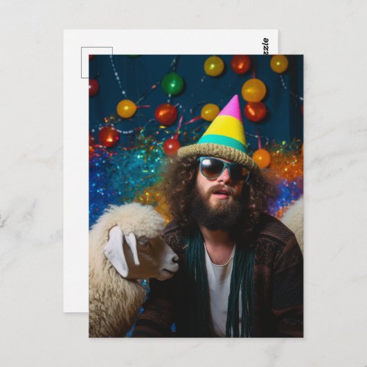 ユーモアたっぷりの羊とイエスがカラフルな誕生日パーティーに登場 ポストカード (正面/裏面)