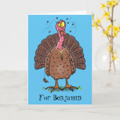 ユーモアたっぷりの茶色の農場の七面鳥とハエの漫画 カード (黄色い花)