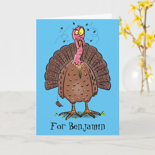 ユーモアたっぷりの茶色の農場の七面鳥とハエの漫画 カード (黄色い花)