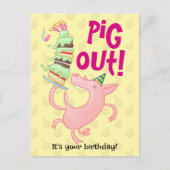 ユーモアたっぷりの豚の誕生日ケーキ 食い倒れ! カートゥーン ポストカード (正面)