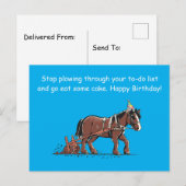 ユーモアたっぷりの農耕馬の誕生日メッセージ ポストカード (正面/裏面)