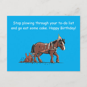ユーモアたっぷりの農耕馬の誕生日メッセージ ポストカード