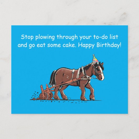 ユーモアたっぷりの農耕馬の誕生日メッセージ ポストカード (正面)