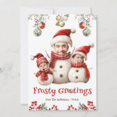 ユーモアたっぷりの雪だるまファミリー写真フレーム クールで楽しいクリスマス シーズンカード (正面)