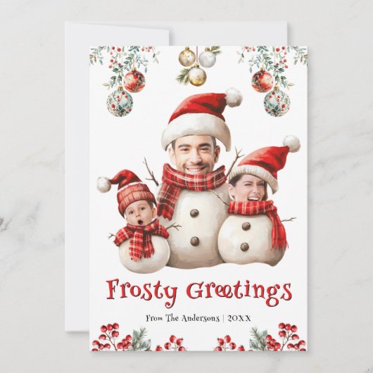 ユーモアたっぷりの雪だるまファミリー写真フレーム クールで楽しいクリスマス シーズンカード (正面)