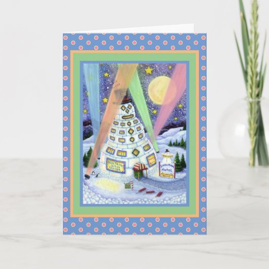 ユーモアたっぷりの雪だるまホテル、オーロラのペンギン ブランケット シーズンカード (正面)