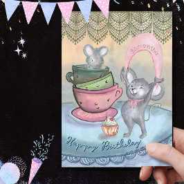 ユーモアたっぷり ネズミ ティーカップ オーダーメイド 誕生日カード シーズンカード