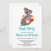 ユーモアとキュートなコアラの水泳誕生日パーティー 招待状 (正面/裏面)