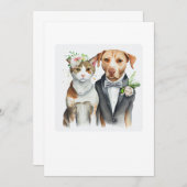 ユーモアと真剣さ：猫と犬の結婚式、水彩画 招待状 (正面/裏面)