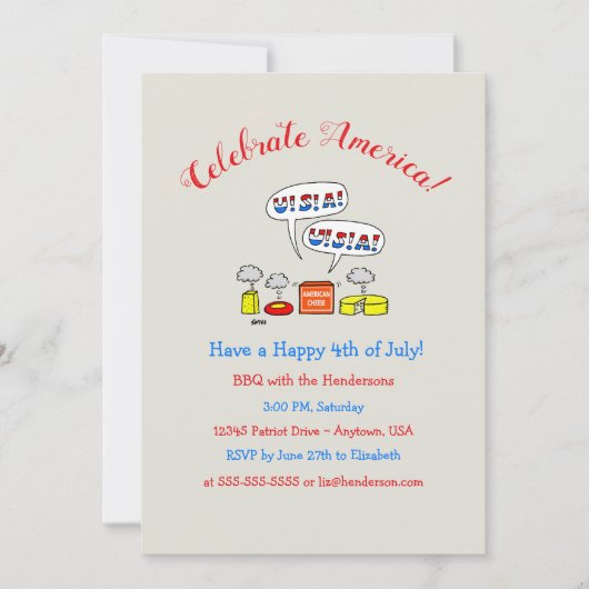 ユーモアのあるで愛国心が強い夏季休暇BBQのパーティーの招待 招待状 (正面)
