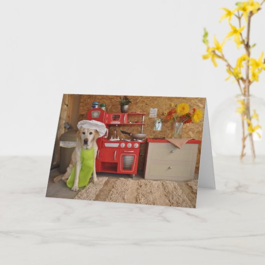 ユーモアのあるなバースデー・カード、シェフとして服を着る犬 カード (黄色い花)