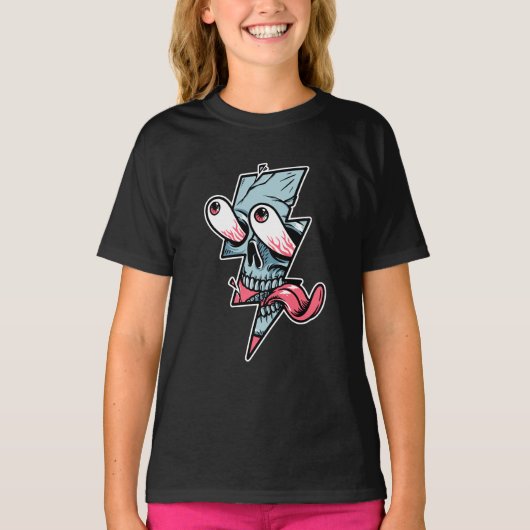 ユーモアのあるエッジの効いたドクロの顔と稲妻の形 Tシャツ (正面)