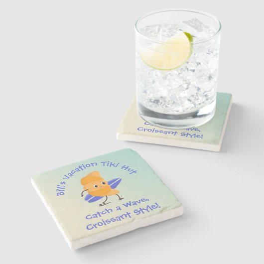 ユーモアのあるクロワッサンサーファーとサーフボード名文字 ストーンコースター (横)