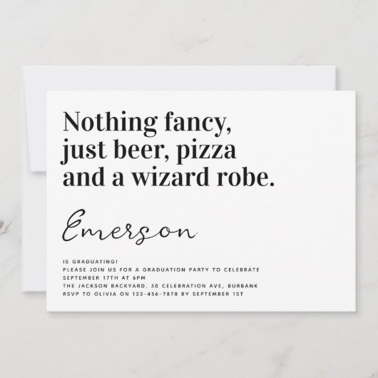 ユーモアのあるタイポグラフィー 目立たないシンプルな卒業パーティー 招待状 (正面)