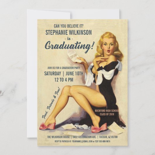 ユーモアのある卒業式招待状 | ヴィンテージ・ピンアップ・ガール 招待状 (正面)
