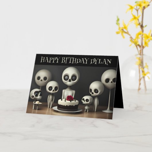 ユーモアのある可愛いスケルトンのバースデーお洒落タ カード (黄色い花)