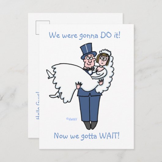 ユーモアのある結婚延期発表漫画 案内ポストカード (正面/裏面)