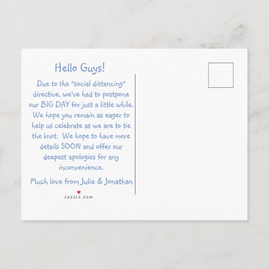 ユーモアのある結婚延期発表漫画 案内ポストカード (裏面)