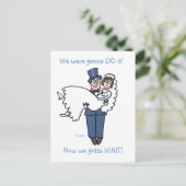 ユーモアのある結婚延期発表漫画 案内ポストカード (スタンド正面)