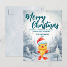ユーモアのある金魚の楽しいクリスマスツリーと雪のホリデーパーティ