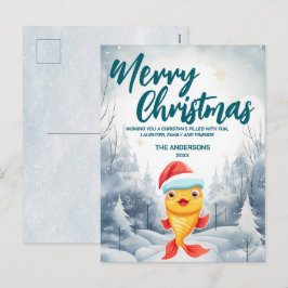 ユーモアのある金魚の楽しいクリスマスツリーと雪のホリデーパーティ シーズンポストカード