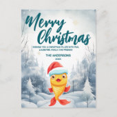 ユーモアのある金魚の楽しいクリスマスツリーと雪のホリデーパーティ シーズンポストカード (正面)